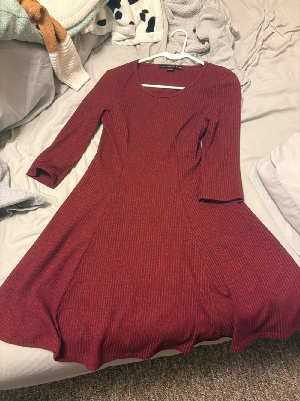 HYFVE Maroon Ribbed Fit-and-Flare Midi Dress